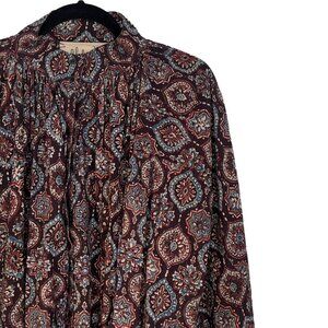 Madame Hall Brown Block Print Poet's Blouse - Size XL (Est.)